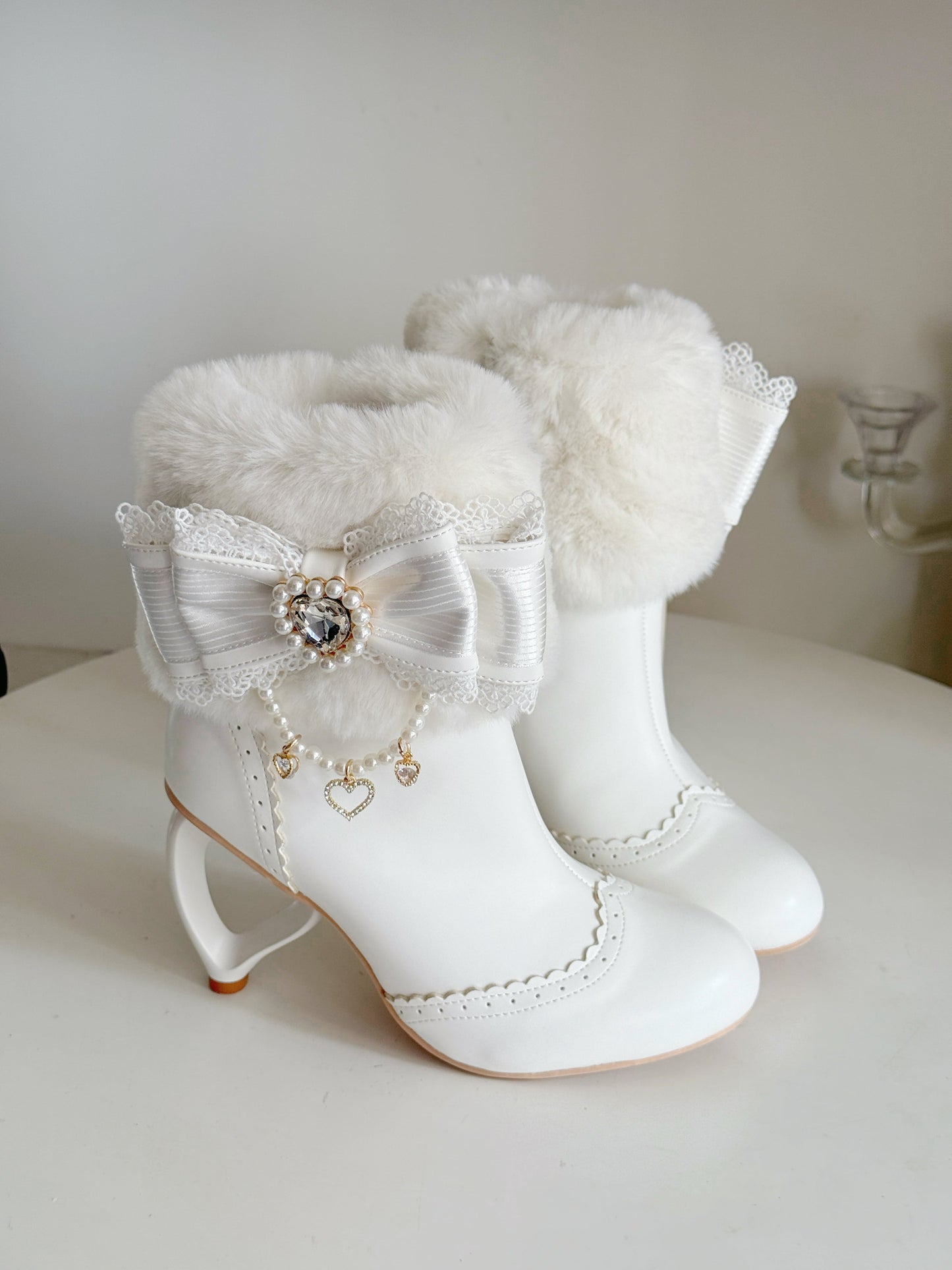 Heart-Shaped Heel Sweet Bow High Heel Ankle Boots BE008