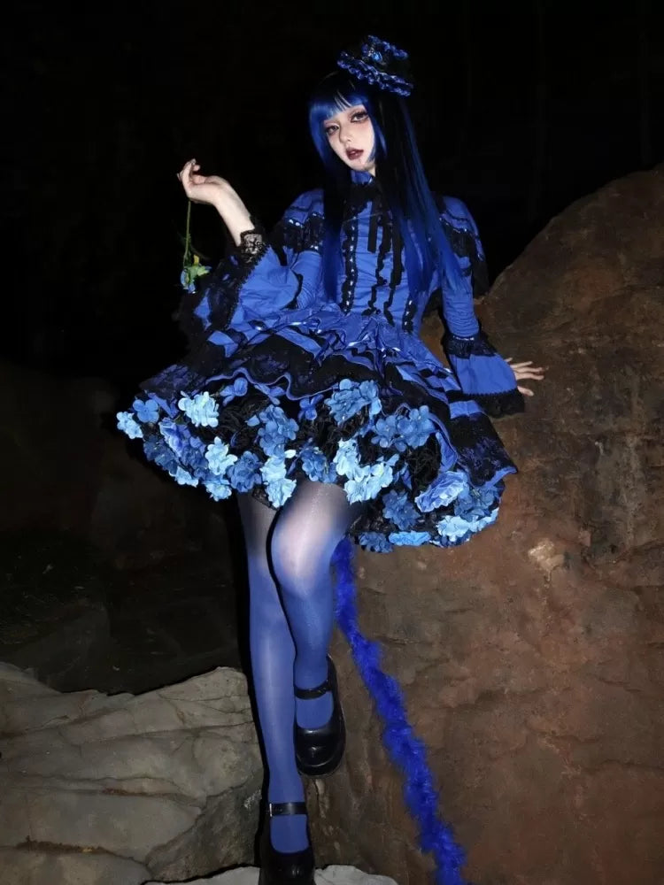 花柄ペチコート 35cm/45cm丈 ブラックブルー ハーベストスプリング