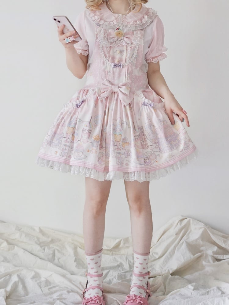 Unicorn and Dessert Pink Sweet Lolita Detachable Hooded Overall Dress