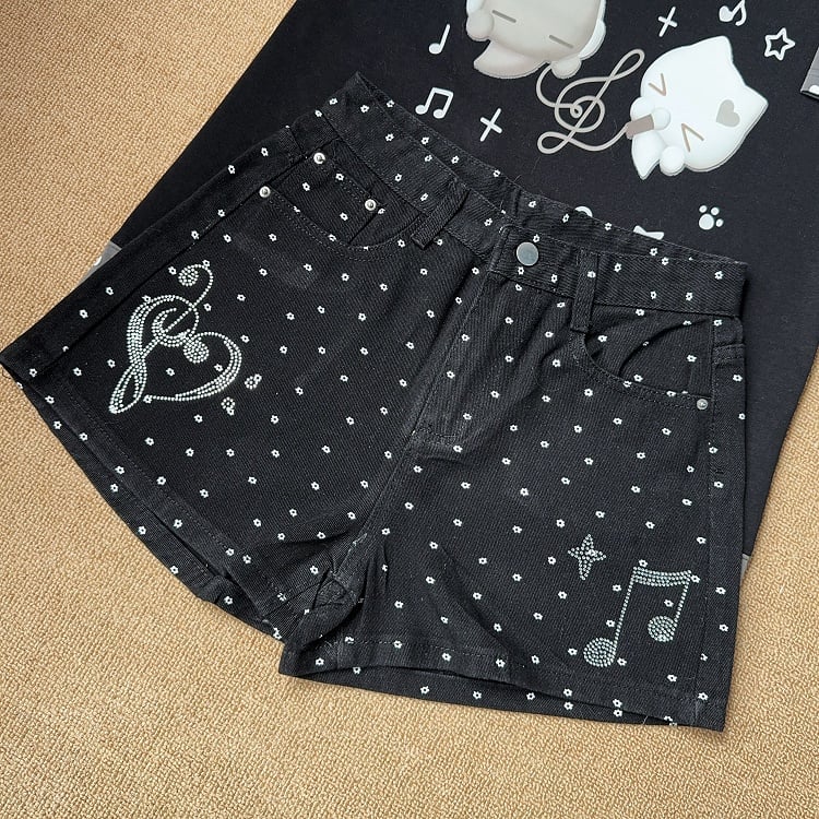 Shorts Details Rhinestone Dot Black Polka High-waisted with