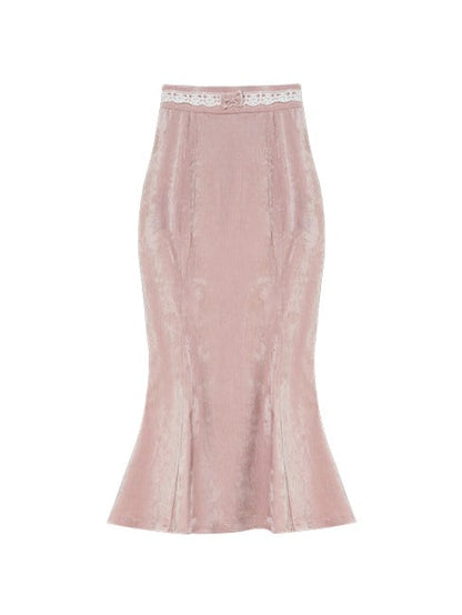 - Length Tea Skirt Pink Mermaid with Bow-Adorned Waistband