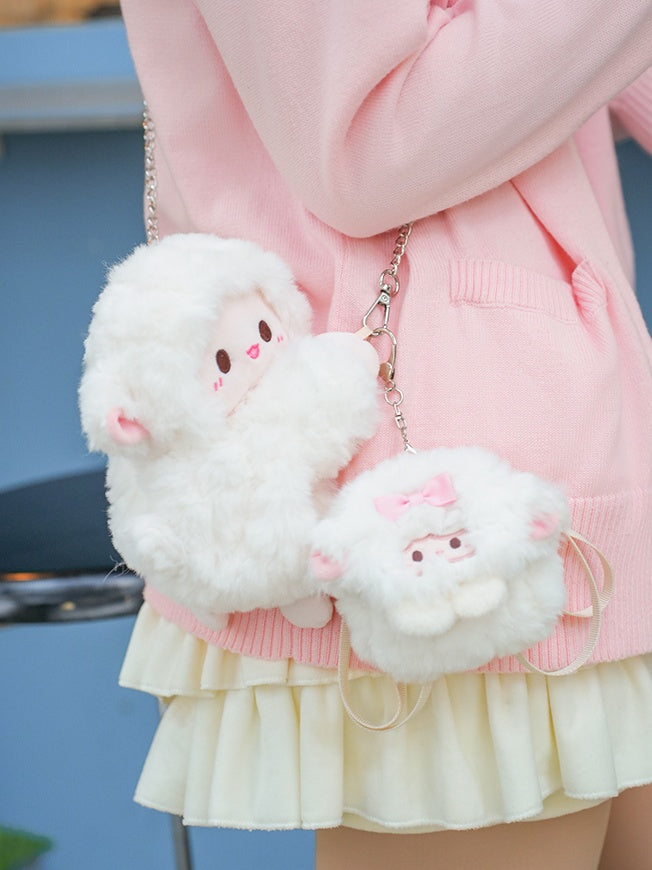 Weißer süßer Schlüsselanhänger in Lammform mit Schleife und Plüsch-Geldbörse