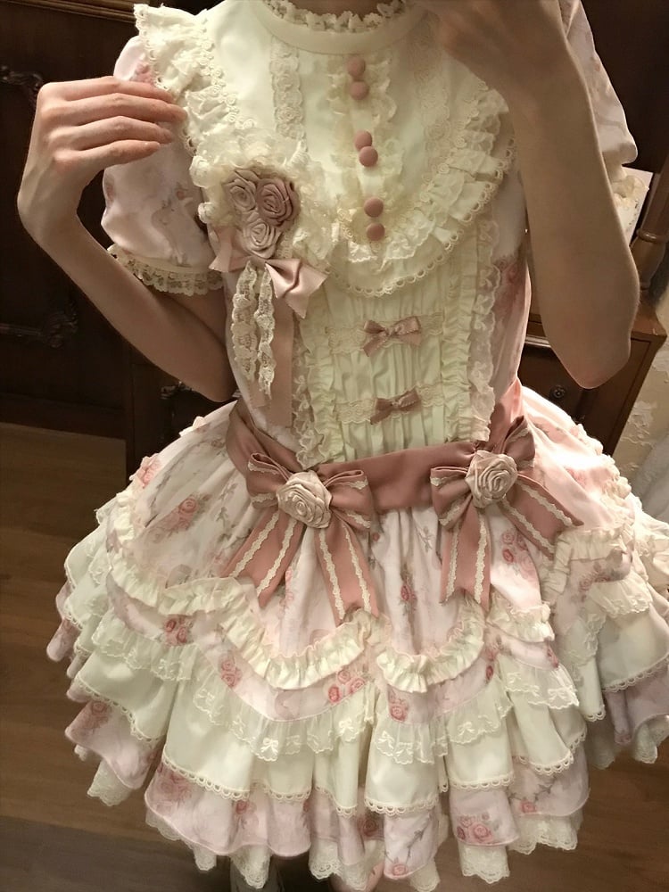 Pink Floral Print Short Sleeve OP Dress with Bow - Sweet Dream Box