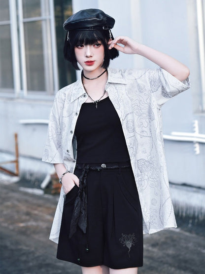Black Wide Leg Shorts with Sea Lily Embroidery - Quirky Hut