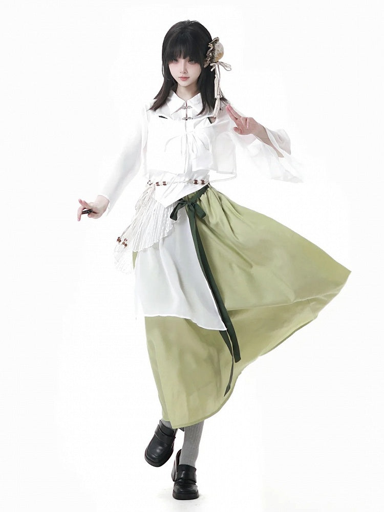 Style Green Cheongsam Elastic Waist Long Skirt with Waist Belt