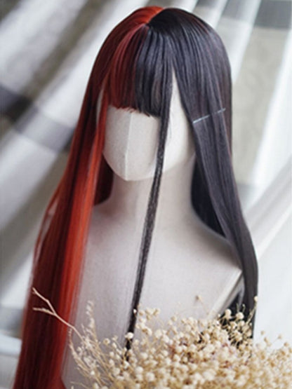 Rot-schwarze, geteilte, hüftlange, glatte Perücke mit vollem Pony