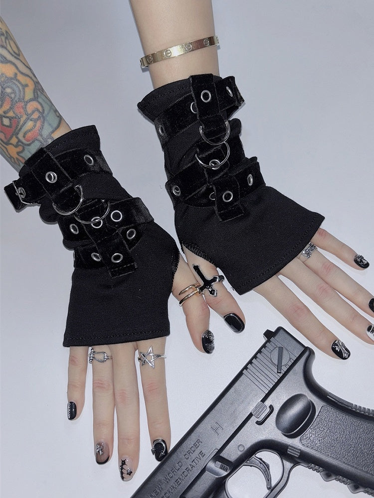 Gloves Decorated Buckle Black Y2K