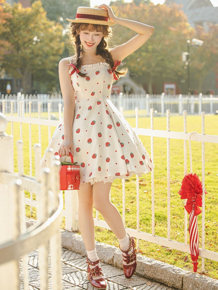 und weiß JSK süßes Kleid Polka Dots Sommer Lolita Erdbeere Sonne Druck