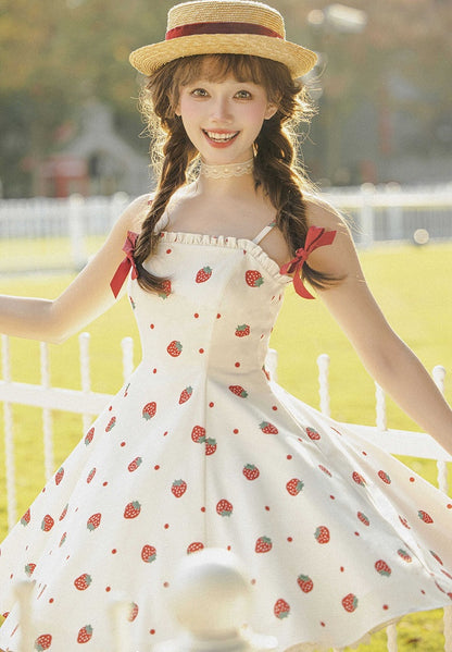 und weiß JSK süßes Kleid Polka Dots Sommer Lolita Erdbeere Sonne Druck