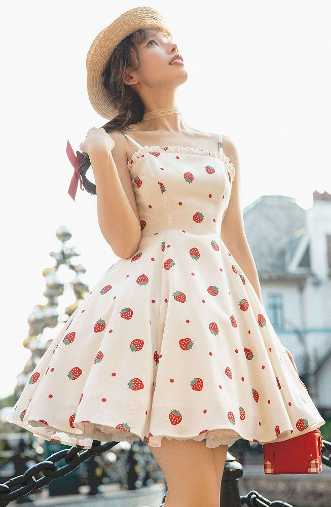 und weiß JSK süßes Kleid Polka Dots Sommer Lolita Erdbeere Sonne Druck