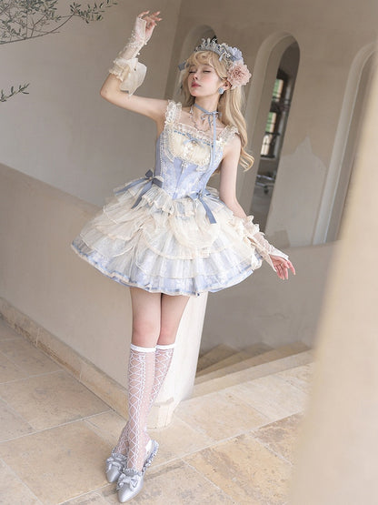 Skirt Corset Blue Boned Balletcore + Print Top Floral Lolita Princess