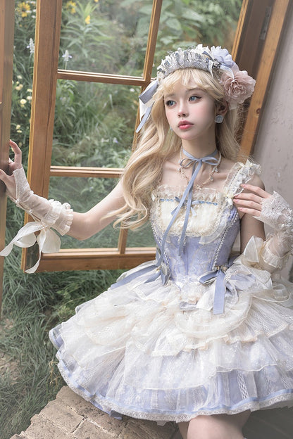 Skirt Corset Blue Boned Balletcore + Print Top Floral Lolita Princess