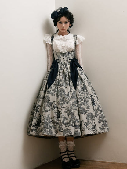 Wood Blue Skirt Dark White Bust Lolita Animals Boned Jumper Print and Basque Waist Under
