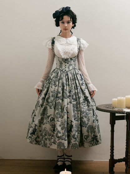 Wood Blue Skirt Dark White Bust Lolita Animals Boned Jumper Print and Basque Waist Under