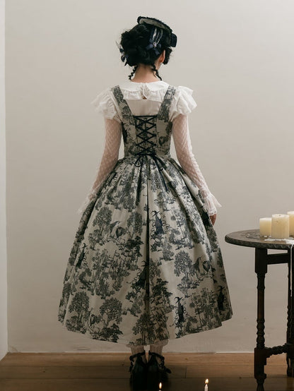 Wood Blue Skirt Dark White Bust Lolita Animals Boned Jumper Print and Basque Waist Under