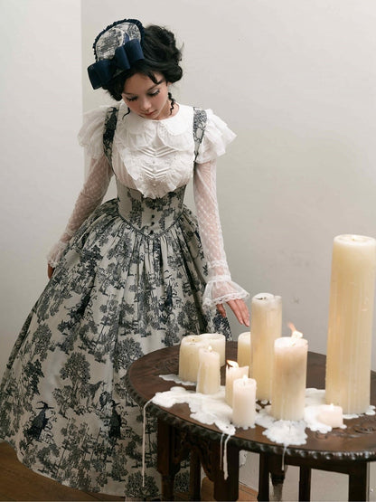 Wood Blue Skirt Dark White Bust Lolita Animals Boned Jumper Print and Basque Waist Under