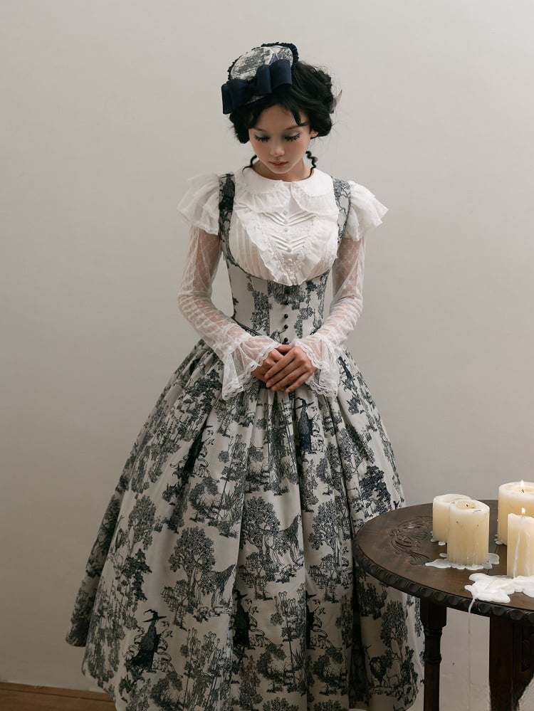 Wood Blue Skirt Dark White Bust Lolita Animals Boned Jumper Print and Basque Waist Under