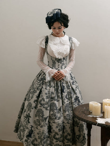Wood Blue Skirt Dark White Bust Lolita Animals Boned Jumper Print and Basque Waist Under
