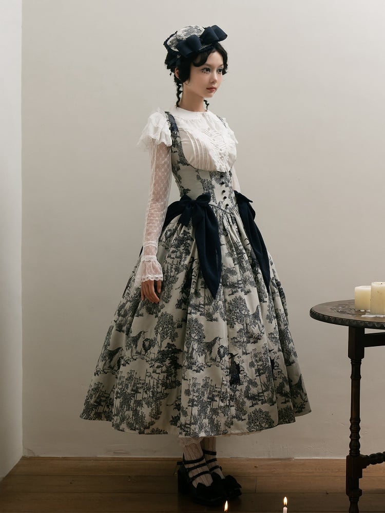 Wood Blue Skirt Dark White Bust Lolita Animals Boned Jumper Print and Basque Waist Under