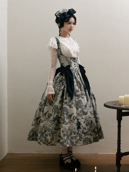 Wood Blue Skirt Dark White Bust Lolita Animals Boned Jumper Print and Basque Waist Under