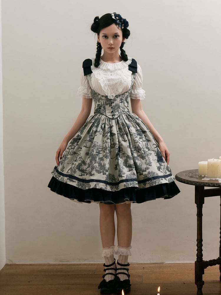 Bust Dark Bowknot Blue Straps Basque Skirt Waist Jumper Lolita Under Shoulder