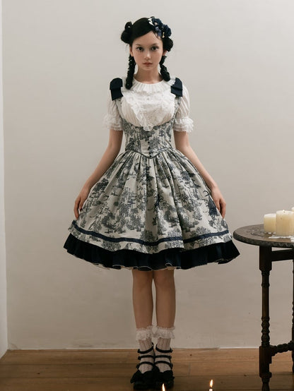 Bust Dark Bowknot Blue Straps Basque Skirt Waist Jumper Lolita Under Shoulder