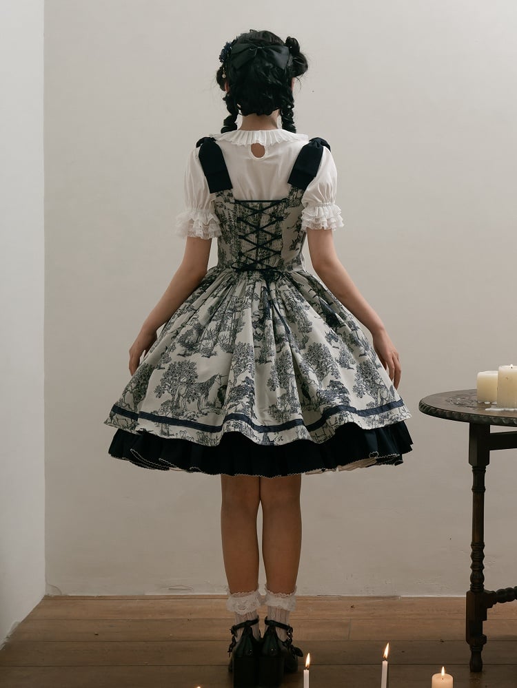 Bust Dark Bowknot Blue Straps Basque Skirt Waist Jumper Lolita Under Shoulder