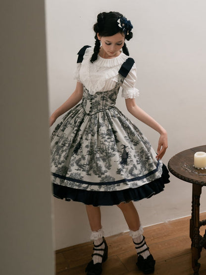 Bust Dark Bowknot Blue Straps Basque Skirt Waist Jumper Lolita Under Shoulder