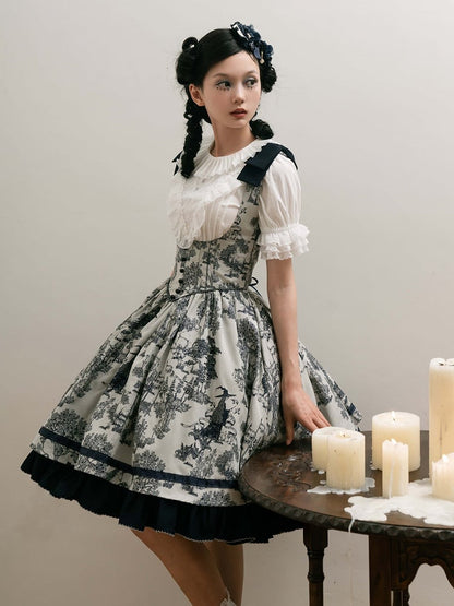 Bust Dark Bowknot Blue Straps Basque Skirt Waist Jumper Lolita Under Shoulder