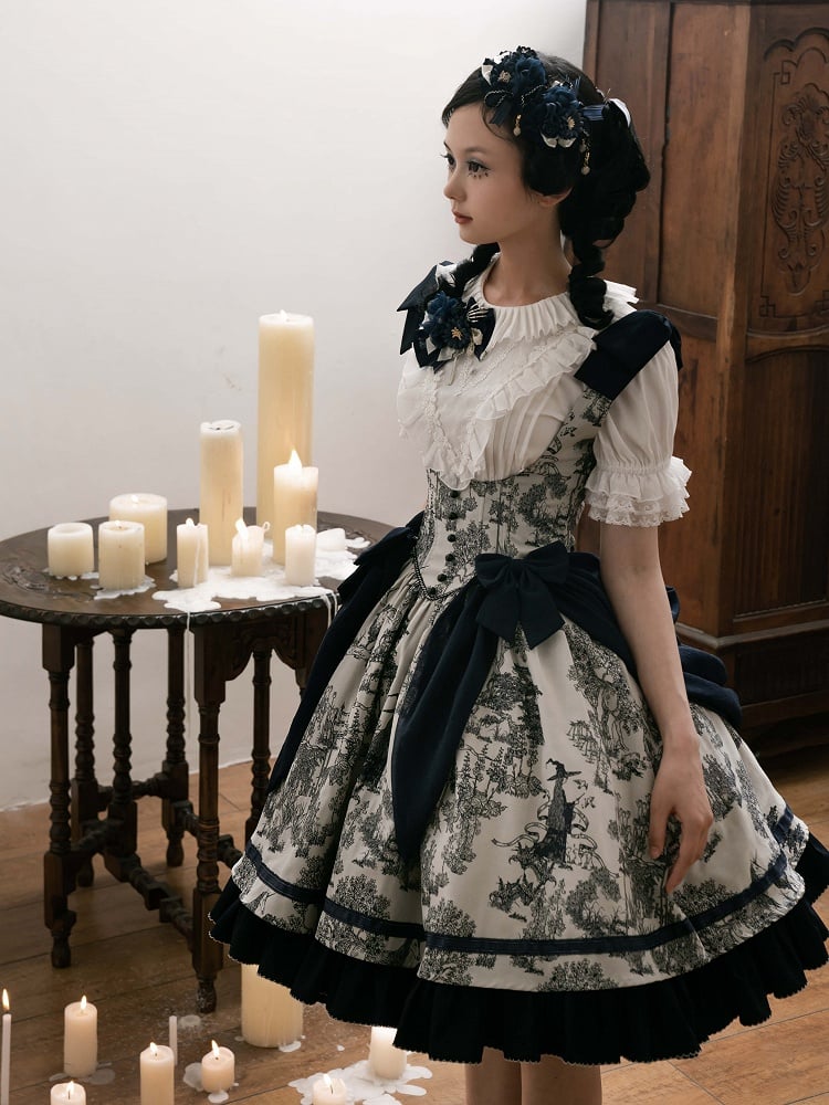 Bust Dark Bowknot Blue Straps Basque Skirt Waist Jumper Lolita Under Shoulder