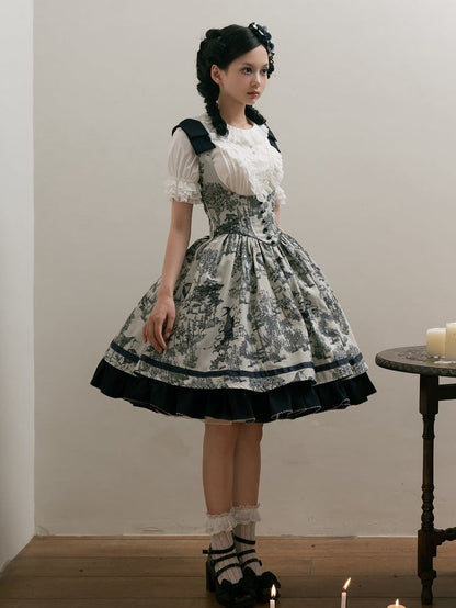 Bust Dark Bowknot Blue Straps Basque Skirt Waist Jumper Lolita Under Shoulder