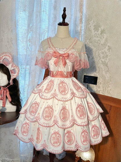 Tulip Scalloped Edge Tiered Skirt White and Pink Elegant Lolita Backless Dress