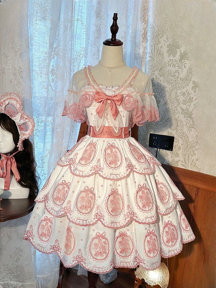 Weißes rückenfreies rosa Rand gewelltes elegantes Lolita-Stufenkleid mit Stickerei