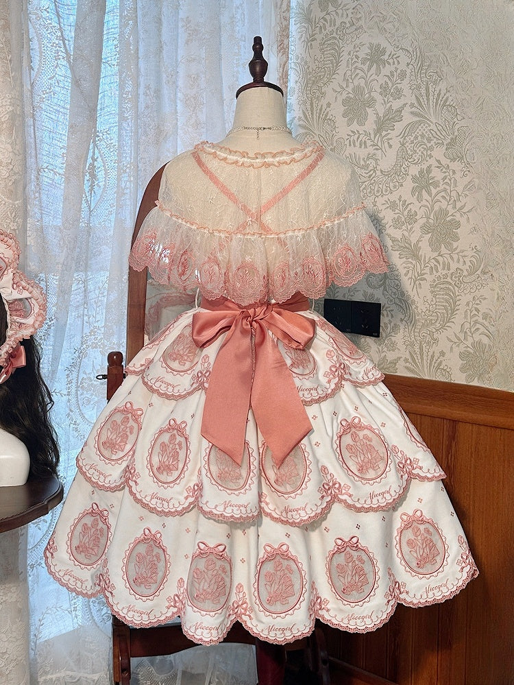 Weißes rückenfreies rosa Rand gewelltes elegantes Lolita-Stufenkleid mit Stickerei