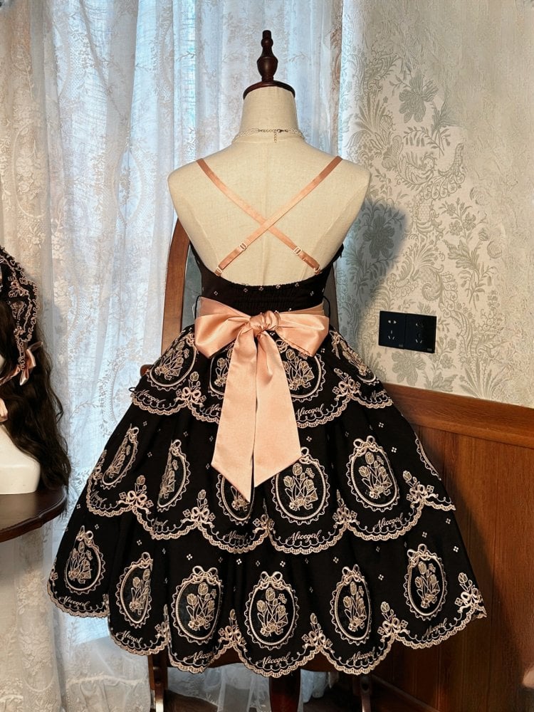 Jupe tulipe à volants et bords festonnés, robe Lolita élégante noire et dorée dos nu