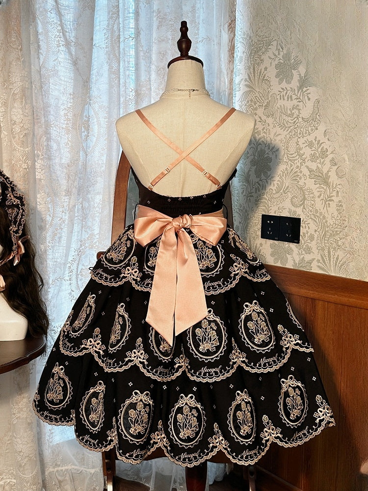 Stickerei Kleid Rock Lolita Elegante gewellte abgestufte Tulpenkante Rückenfrei und Schwarz Gold