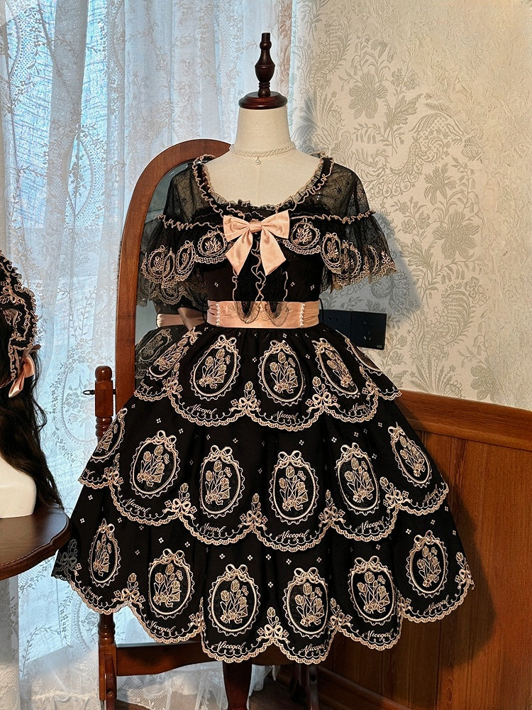 Stickerei Kleid Rock Lolita Elegante gewellte abgestufte Tulpenkante Rückenfrei und Schwarz Gold