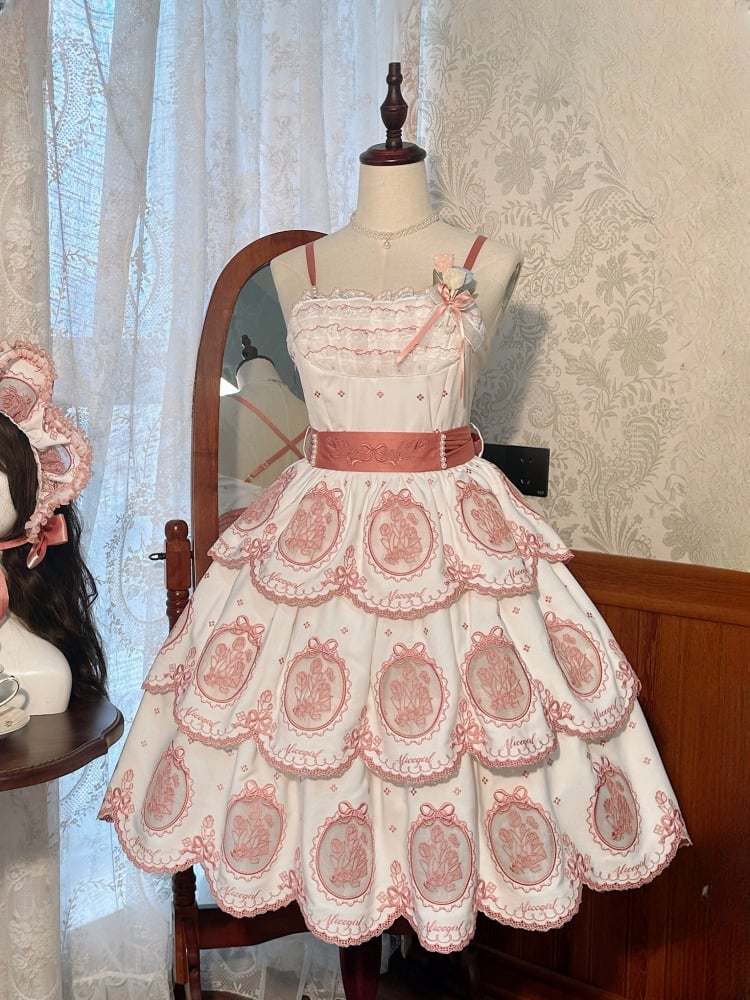 Tulip Scalloped Edge Tiered Skirt White and Pink Elegant Lolita Backless Dress