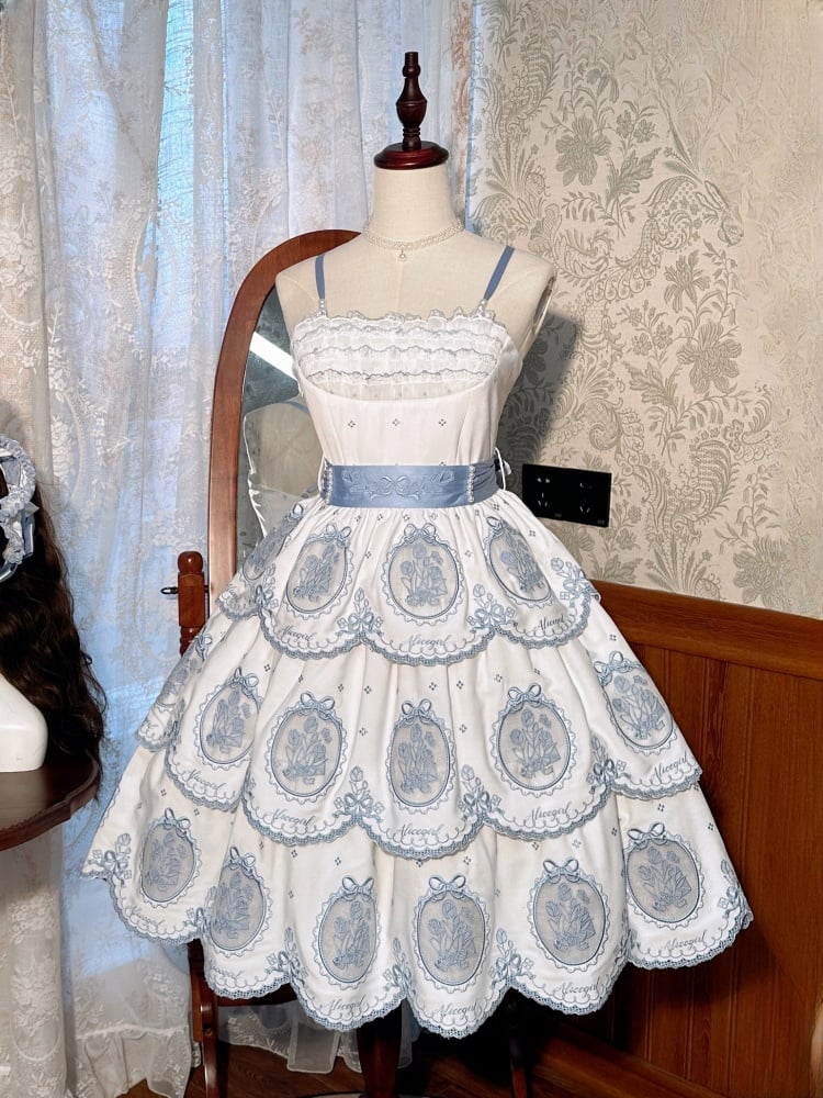 Jupe à volants à bords festonnés tulipe, robe Lolita élégante dos nu blanche et bleue