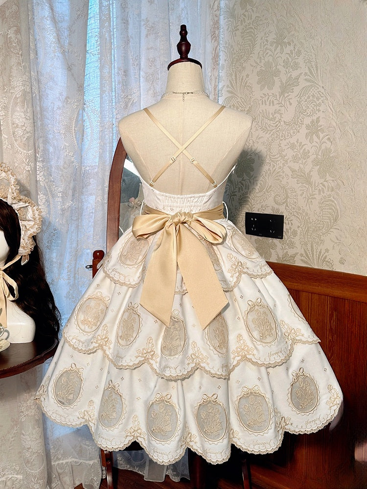 Rand Tulpe und gestuftes Gold Rückenfreies Elegantes gewelltes weißes Rockkleid Lolita Stickerei