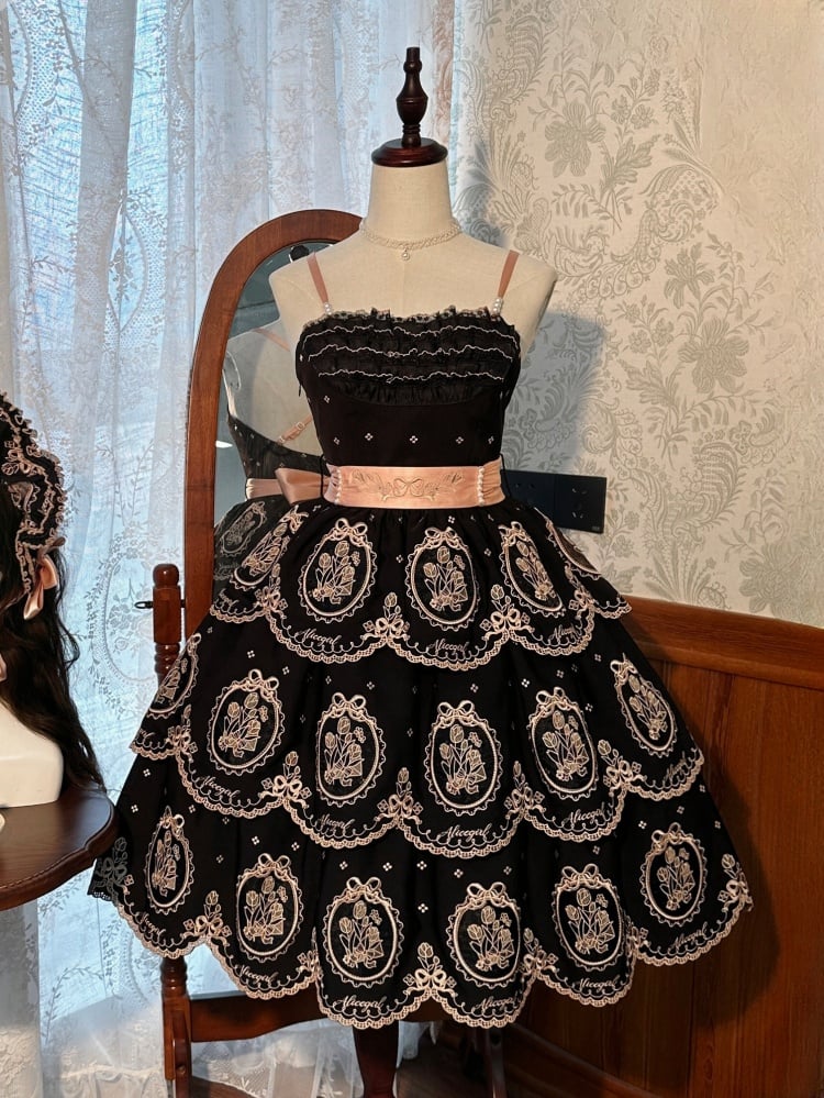 Tulpenrock mit gewelltem Rand, schwarz und gold, elegantes rückenfreies Lolita-Kleid