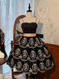 Stickerei Kleid Rock Lolita Elegante gewellte abgestufte Tulpenkante Rückenfrei und Schwarz Gold