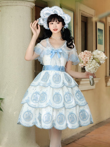 Tulpenrock mit gewelltem Rand, weiß und blau, elegantes rückenfreies Lolita-Kleid