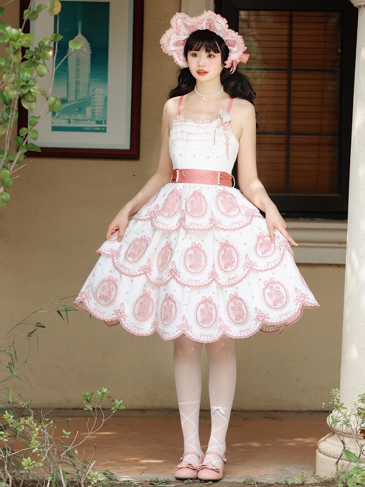Weißes rückenfreies rosa Rand gewelltes elegantes Lolita-Stufenkleid mit Stickerei