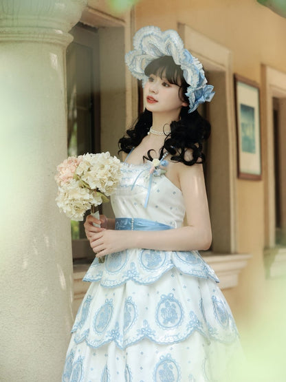 Tulpenrock mit gewelltem Rand, weiß und blau, elegantes rückenfreies Lolita-Kleid