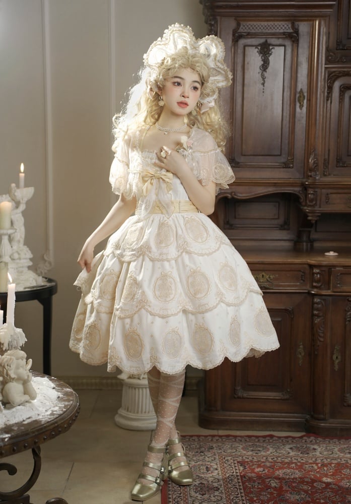 Tulip Scalloped Edge Tiered Skirt White and Gold Elegant Lolita Backless Dress