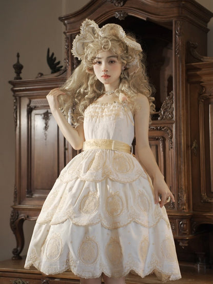Tulip Scalloped Edge Tiered Skirt White and Gold Elegant Lolita Backless Dress