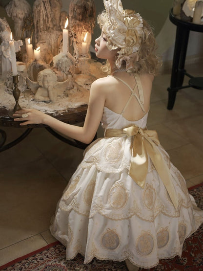 Tulip Scalloped Edge Tiered Skirt White and Gold Elegant Lolita Backless Dress