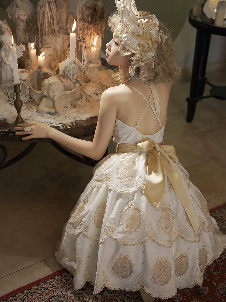 Rand Tulpe und gestuftes Gold Rückenfreies Elegantes gewelltes weißes Rockkleid Lolita Stickerei