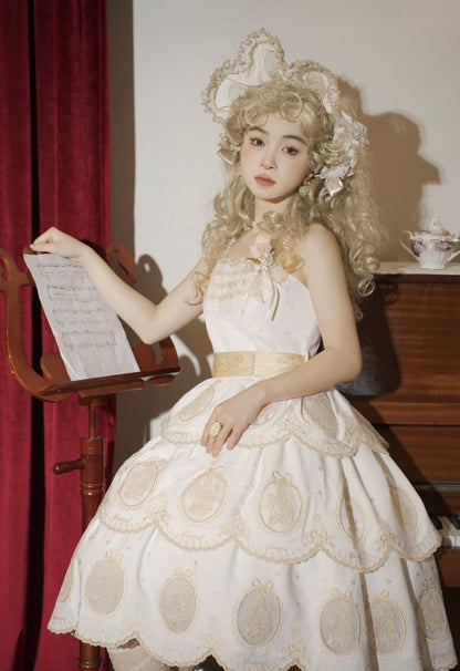 Tulip Scalloped Edge Tiered Skirt White and Gold Elegant Lolita Backless Dress